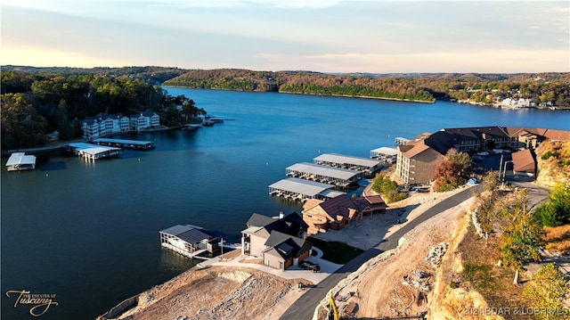 aerial view at dusk featuring a water view