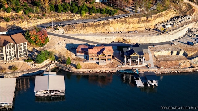 drone / aerial view with a water view