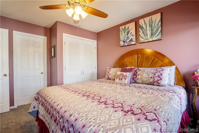 bedroom featuring a closet, ceiling fan, and carpet flooring