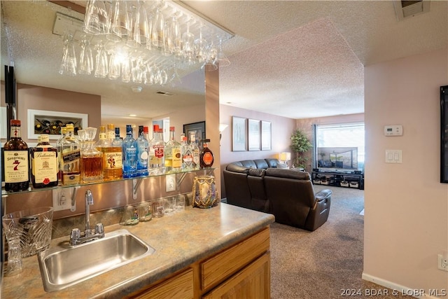 interior space with visible vents, carpet floors, a sink, a textured ceiling, and open floor plan