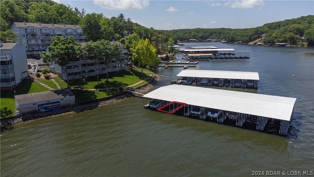 drone / aerial view with a water view