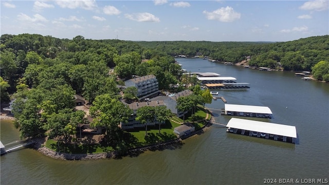 aerial view featuring a wooded view and a water view