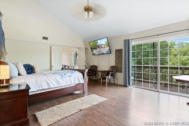 bedroom with high vaulted ceiling, dark hardwood / wood-style floors, and ceiling fan