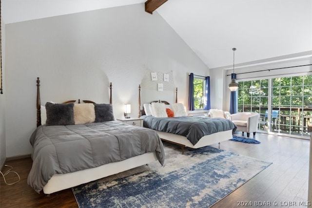 bedroom featuring hardwood / wood-style floors, beam ceiling, high vaulted ceiling, and access to outside