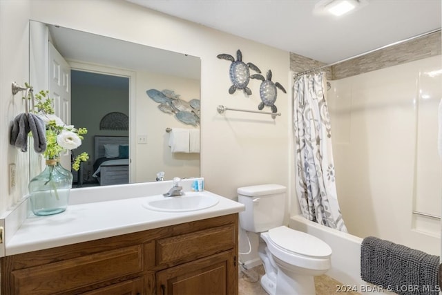 full bathroom with oversized vanity, shower / bath combination with curtain, toilet, and tile flooring