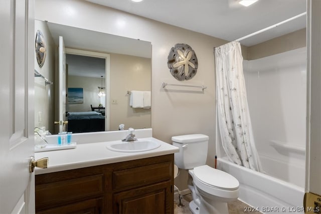 full bathroom featuring shower / tub combo, toilet, tile floors, and large vanity