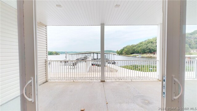 interior space with a water view