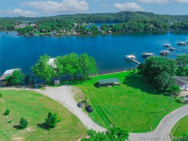 bird's eye view with a water view