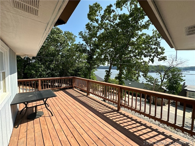 deck featuring a water view