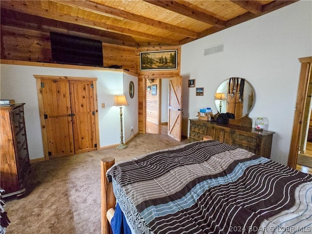 27271 Little Buffalo Rd, Stover, MO 65078 - bedroom with wood ceiling, carpet, visible vents, and beamed ceiling