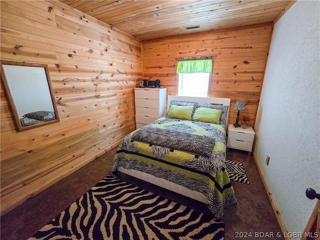 27271 Little Buffalo Rd, Stover, MO 65078 - bedroom featuring wood ceiling, wood walls, visible vents, baseboards, and carpet floors