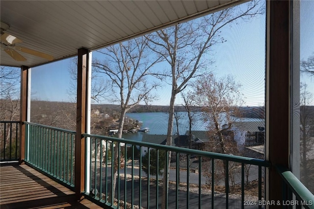 balcony featuring ceiling fan and a water view