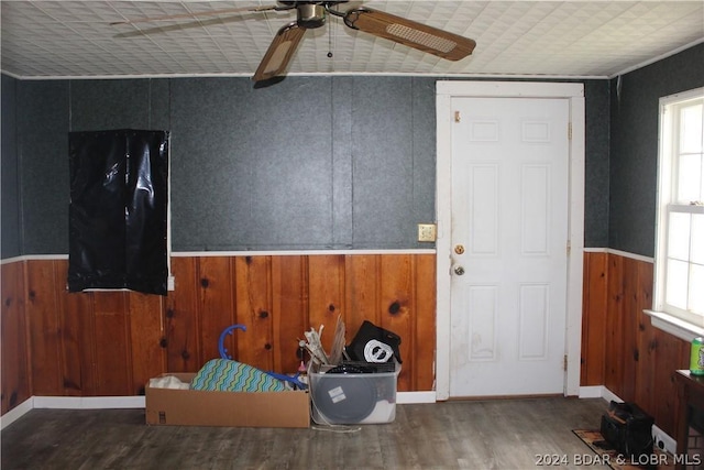 foyer entrance featuring ceiling fan, wood-type flooring, and wood walls