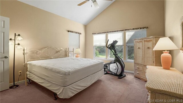 carpeted bedroom featuring high vaulted ceiling and ceiling fan