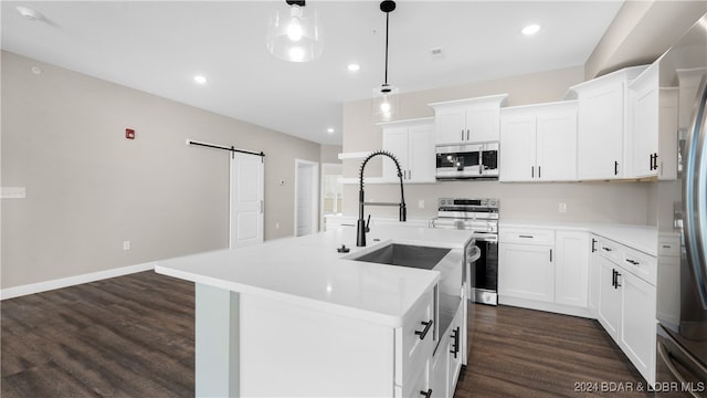 kitchen with appliances with stainless steel finishes, dark wood-type flooring, an island with sink, a barn door, and decorative light fixtures