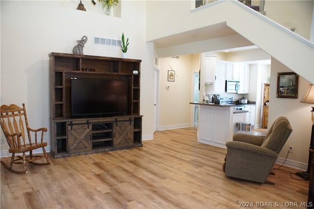 living room with light hardwood / wood-style flooring and a towering ceiling