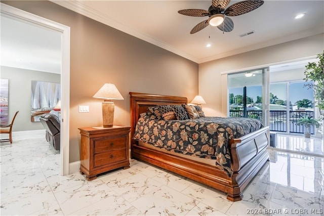 bedroom with access to outside, ceiling fan, and crown molding