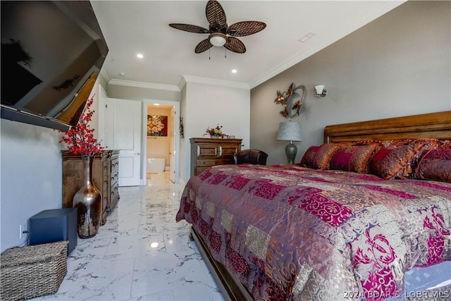 bedroom featuring ceiling fan and ornamental molding