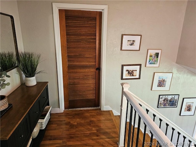 hallway with dark hardwood / wood-style flooring