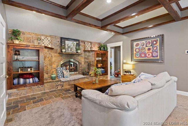 carpeted living room with beam ceiling, coffered ceiling, and a stone fireplace