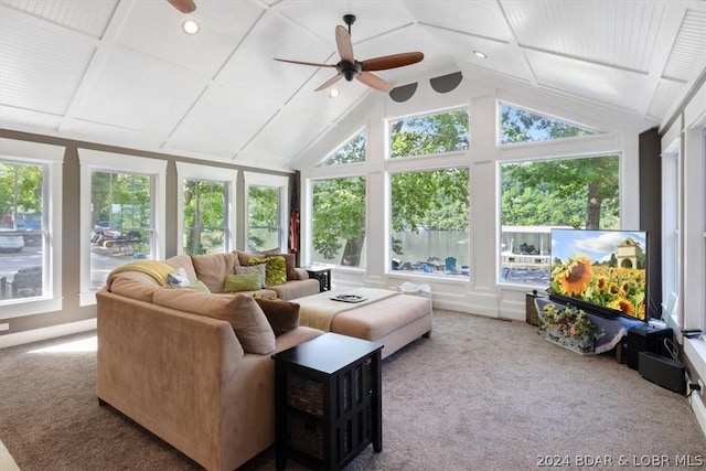 sunroom featuring ceiling fan and lofted ceiling