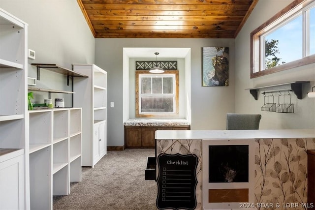 interior space with wooden ceiling and vaulted ceiling