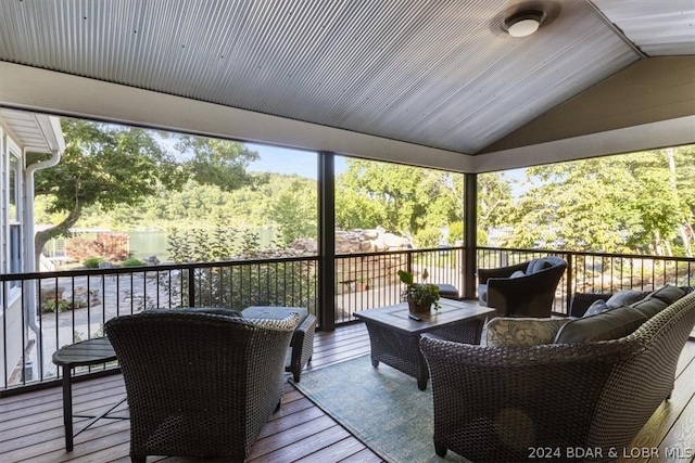 wooden terrace featuring an outdoor living space