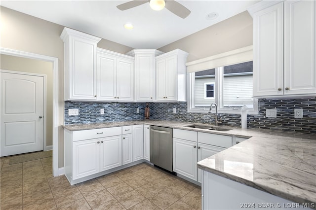 kitchen featuring light stone counters, sink, white cabinets, and stainless steel dishwasher