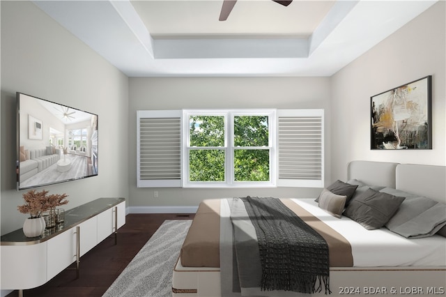 bedroom with a tray ceiling, ceiling fan, and dark hardwood / wood-style flooring