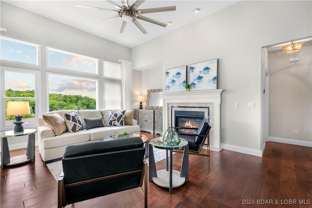 30 Southern Pine Ln, Four Seasons, MO 65049 - living area featuring a ceiling fan, dark wood finished floors, and a tiled fireplace