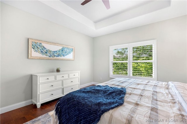 30 Southern Pine Ln, Four Seasons, MO 65049 - bedroom with dark wood-type flooring, a raised ceiling, and a ceiling fan