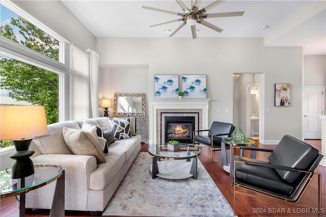 30 Southern Pine Ln, Four Seasons, MO 65049 - living room with ceiling fan, wood finished floors, and a glass covered fireplace