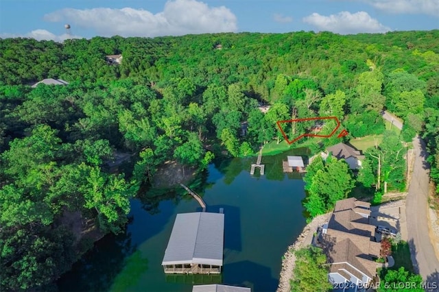 drone / aerial view featuring a water view