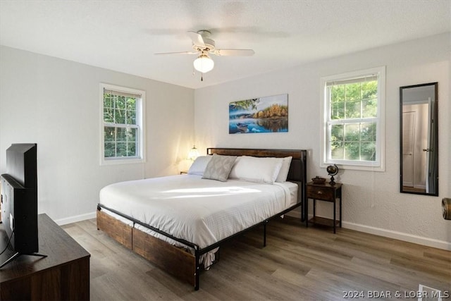 bedroom featuring hardwood / wood-style floors, multiple windows, and ceiling fan