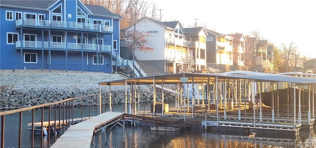 1465 Easy St, Osage Beach, MO 65065 - dock area featuring a water view, stairway, and a residential view