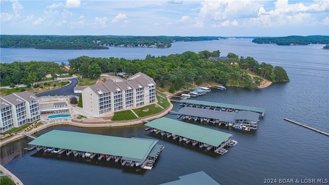 drone / aerial view with a water view