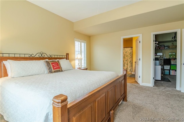 bedroom with connected bathroom and light colored carpet