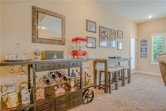 bar with light colored carpet and dark brown cabinets