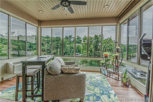 sunroom / solarium with ceiling fan and wooden ceiling