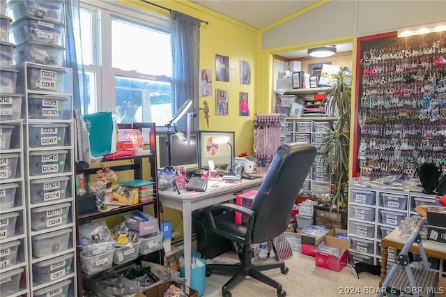 office space with lofted ceiling