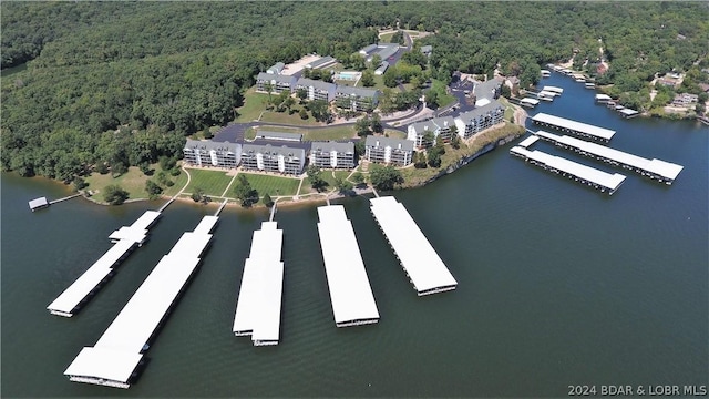 bird's eye view with a water view