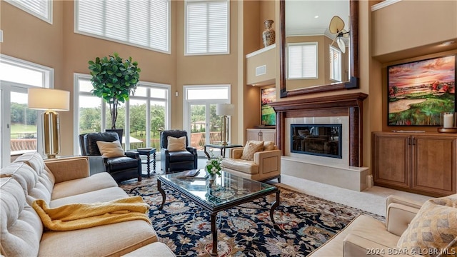 living room with a healthy amount of sunlight and a towering ceiling