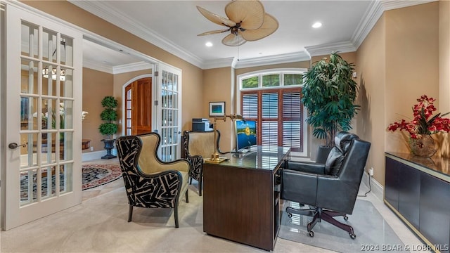 office area with ceiling fan, crown molding, and french doors