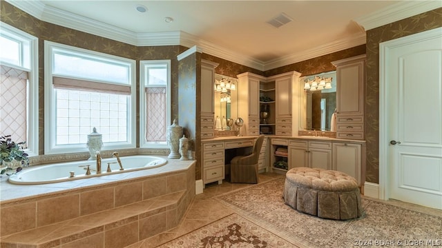 bathroom with tiled bath, tile patterned floors, vanity, and ornamental molding