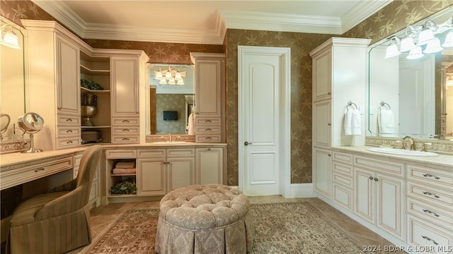 bathroom featuring vanity, crown molding, and tile patterned flooring