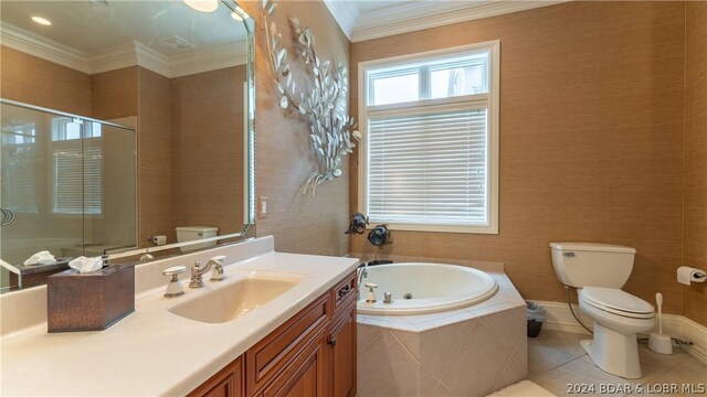 full bathroom featuring toilet, tile patterned floors, vanity, and separate shower and tub