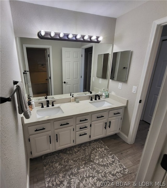 bathroom with hardwood / wood-style flooring and vanity