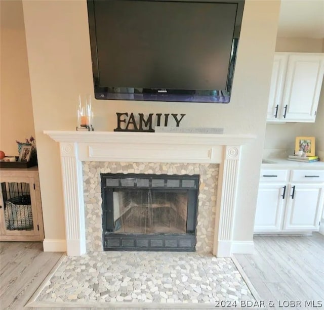 room details featuring a tile fireplace and hardwood / wood-style flooring