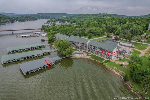 aerial view featuring a water view