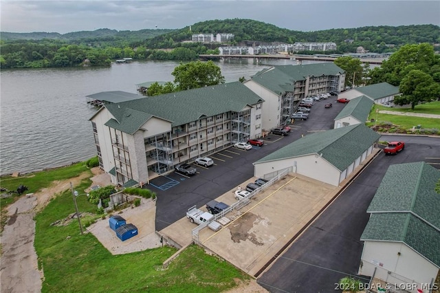 drone / aerial view with a water view